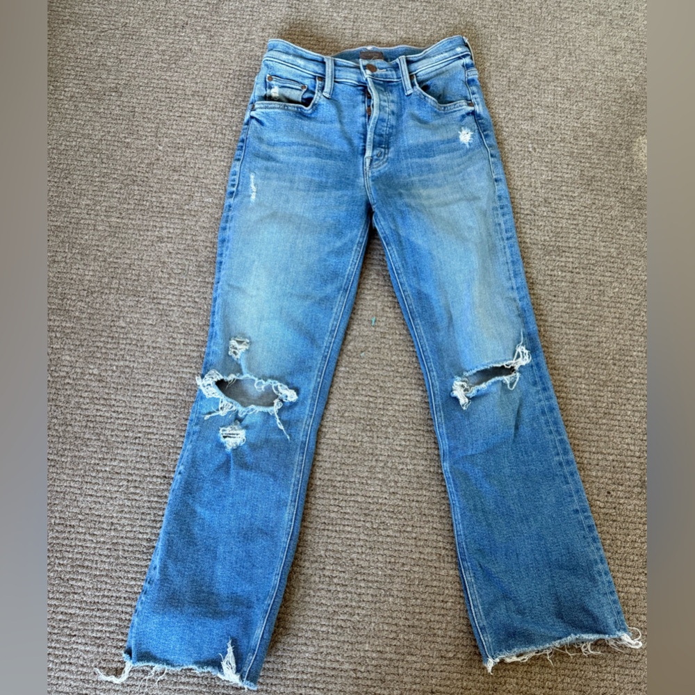 MOTHER Blue Cropped Distressed Jeans